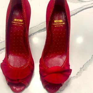 Vintage Moschino red suede peep toe pumps
